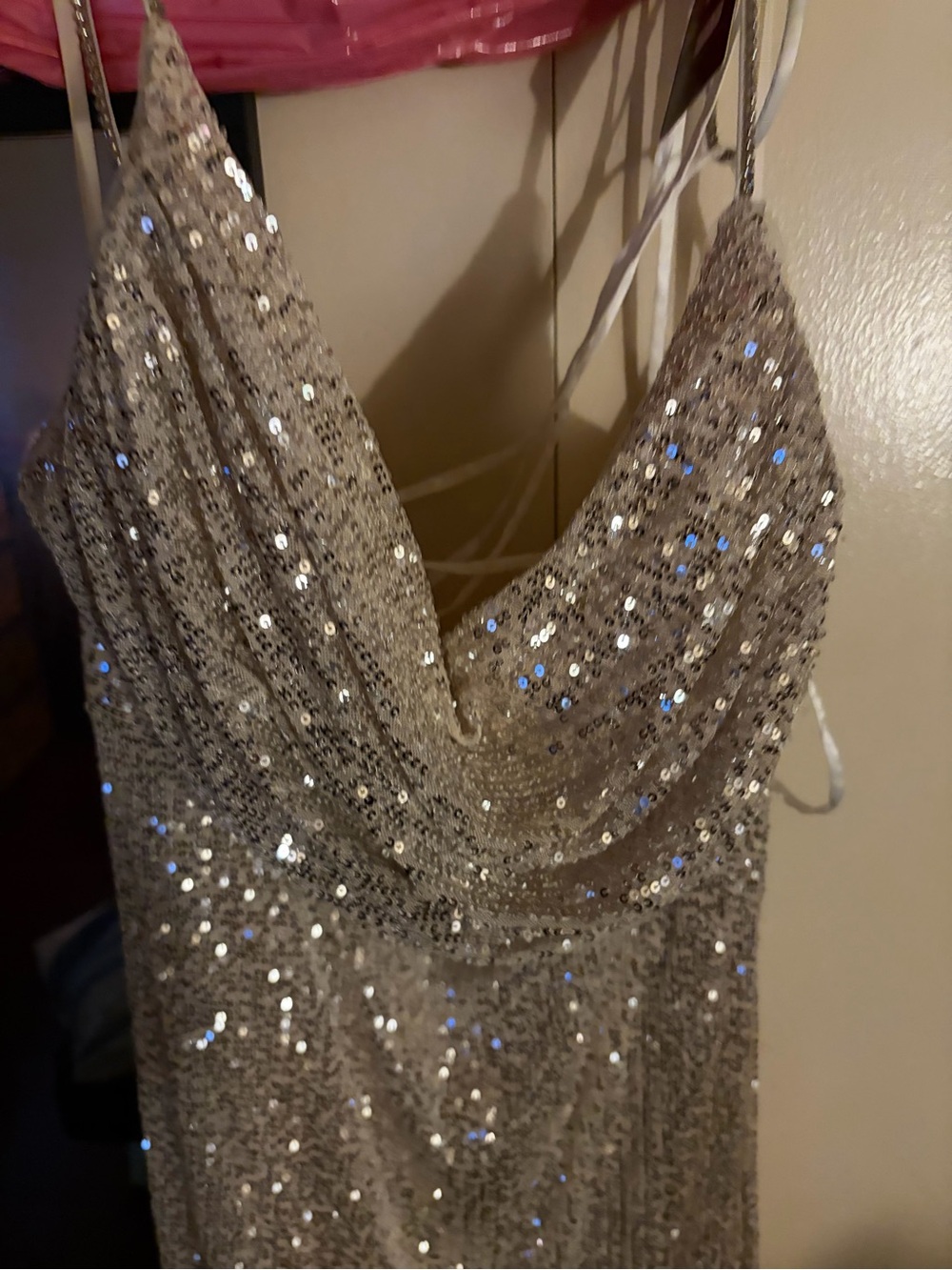 Sequined Spaghetti Strap Evening Dress - Silver